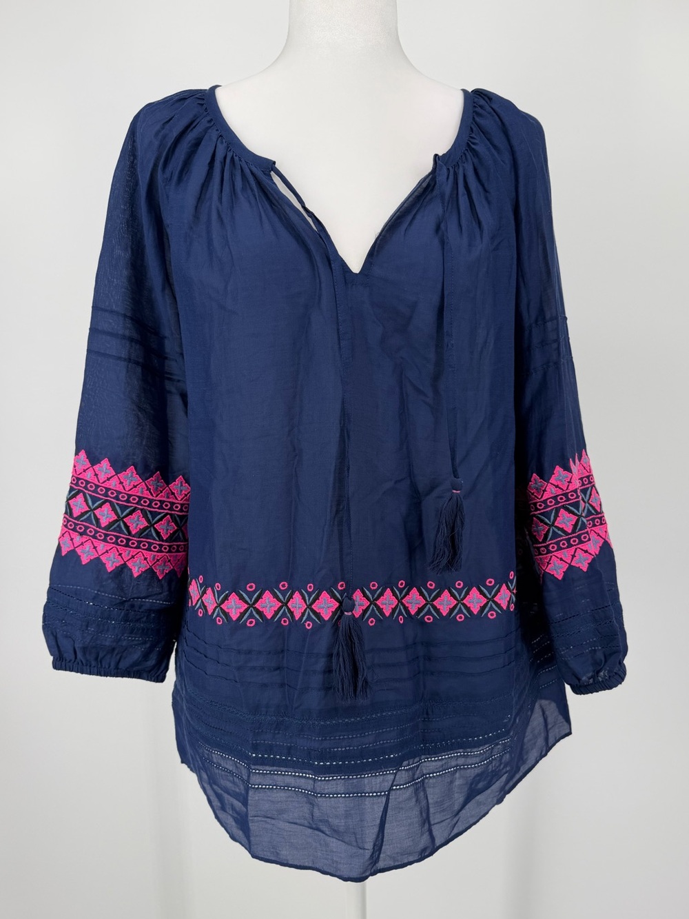 Vineyard Vines Navy Embroidered Design Boho Blouse XS